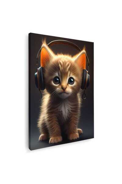 Tablou Canvas pisica cu casti in nuante maro, portocaliu, negru, cod 1035
