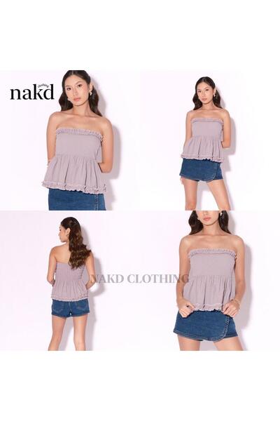 Nakd FASHION ZAHRA BASIC COTTON LINEN SEXY FLORAL SMOCKING BACK BABY DOLL TUBE FLOWY RUFFLE TOP 6053
