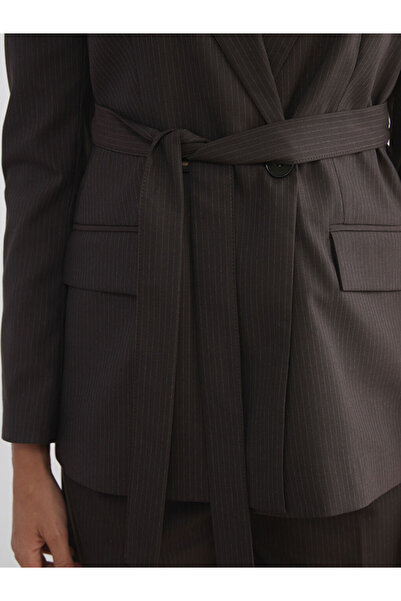 LC Waikiki Brown Striped Belted Women's Blazer Jacket