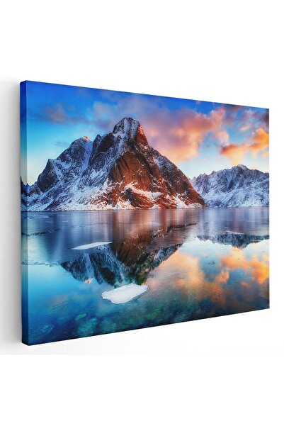 Tablou Canvas peisaj rasarit lac munte, Norvegia, portocaliu, albastru, cod 1182