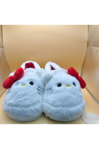 krm dünya ürünleri Cute Cat Patterned Plush Slippers with Ribbon
