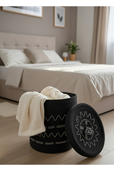 HomeTurko Καλάθι ρούχων με χειροποίητο πλεκτό κάλυμμα, μοντέρνα ψάθινη κουβέρ...