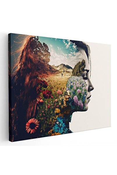 Tablou Canvas Tablou femeie si peisaj munte flori, cod 1667