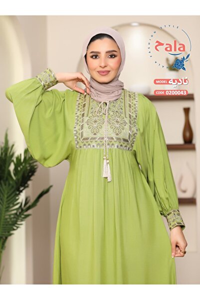 Hala Linen jalabiya with wire embroidery along the length of the abaya and ab...