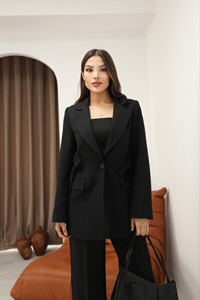 Bak'ap Premium Bussines Bel Corset Tie Detail Blazer Jacket-Wide Leg Palazzo Pants 2-Piece Set