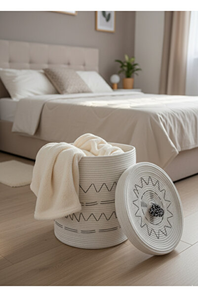 HomeTurko Καλάθι ρούχων με χειροποίητο πλεκτό κάλυμμα, μοντέρνα ψάθινη κουβέρ...