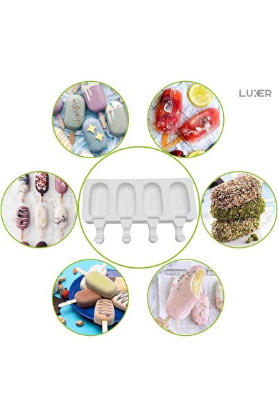 LUXER Formă de înghețată din silicon fără BPA, cu 4 cavități, 50 de bețișoare incluse, dimensiuni 21,5-12,5-2,2 cm