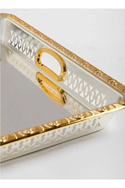 Bin Shihoun 3-Piece Silver Rectangular Steel Serving Tray Set with Gold Engravings