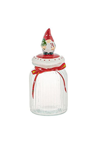 SHOPIENS Christmas Gnome Ceramic-Lid Glass Cookie Jar, Transparent, Ø11 cm x H25.5 cm