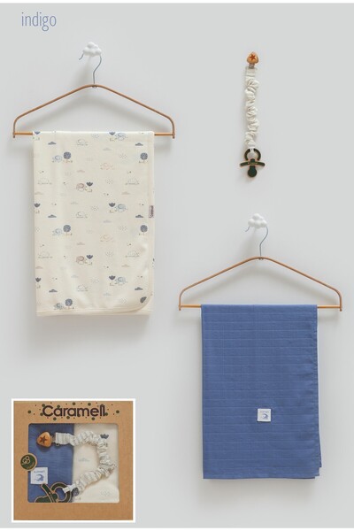 Caramell %100 Pamuk Erkek Bebek 3’lü Set 80-90cm 1 Müslin Battaniye + 1 Penye...