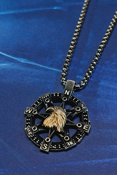 Begondio Kartal Figürlü Pusula El İşçiliği 925 Ayar Gümüş Erkek Kolye