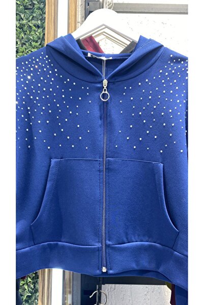 MODAGK Taş İşlemeli Kapüşonlu Fermuarlı Boru Paça Kadın Eşofman Takımı