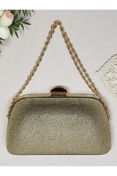 Biçanta Rosegold Color Stone Pearl Detailed Chain Handle Women Evening Dress Bag Wedding Engagement Graduation