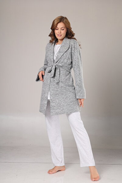 Lohusa Homewear Γυναικείο γκρι μελανζέ σάλι με γιακά με μακριά μανίκια, χειμε...