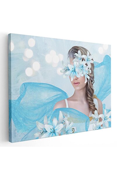 Tablou Canvas Tablou femeie cu crini albastri pe ochi flori, alb albastru, co...