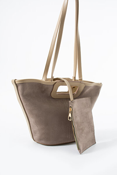 HERCAİ Suede Beige Double-Use Bucket Hand and Shoulder Bag with Stitching Detail