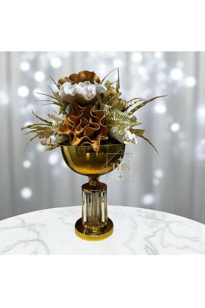 THK STORE Yapay Çiçek Aranjmanlı Gold Metal Ayaklı Vazo Dekoratif,Hediyelik L...