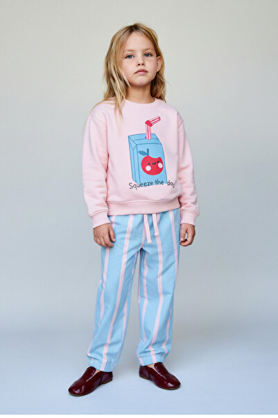 Magu طقم رياضي بناتي قطني وردي مطبوع عليه Squeeze The Day - موديل سفلي مخطط