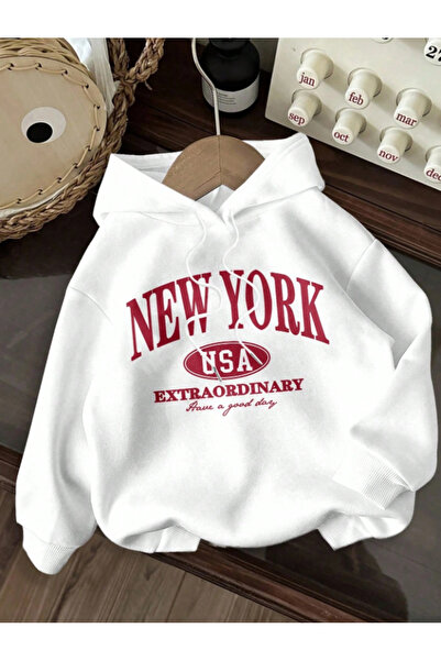 Framgan UNISEX KADIN/ERKEK NEW YORK BASKILI Kapüşonlu Pamuklu Sweatshirt Hoodie