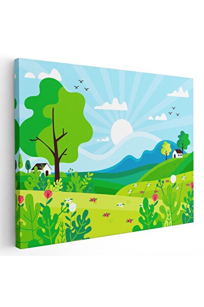 Tablou Canvas Tablou peisaj campie cu flori si case primavara, cod 5463