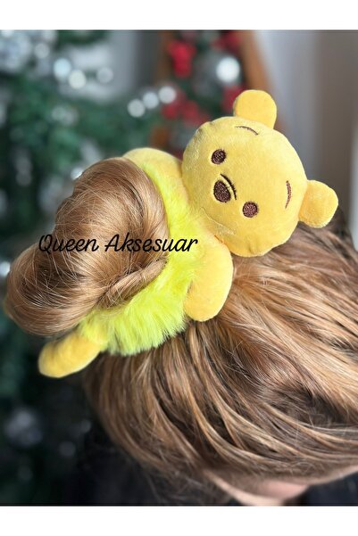 QUEEN AKSESUAR Sevimli winnie the pooh peluş tüylü ayıcık lastik toka 3D boyutlu