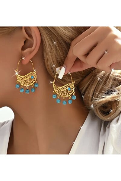 HAB TRADE 18K Altın Kaplama Vintage Boho Turkuaz Sarkıt Küpe