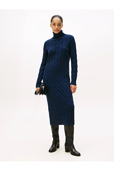 Tommy Hilfiger Soft Wool Hair Braided Turtleneck Long Sleeve Women's Blue Dre...