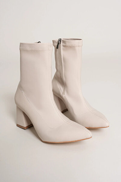 LUVİANO Kadın Bej Deri Sivri Burun Streç Fermuarlı Bot Ayakkabı