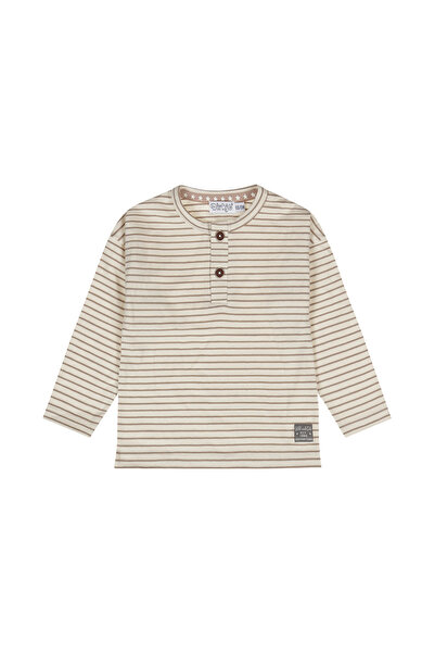 Dirkje تيشيرت ولادي قطني بأكمام طويلة - كريمي وبني ناعم | مقلم