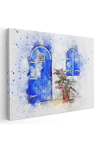 Tablou Canvas usa, fereastra si ghiveci albastru, roz, maro, cod 1265