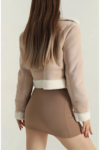 Euro Class İçi ve Yakası Kürklü Dışı Süet Kadın Mont