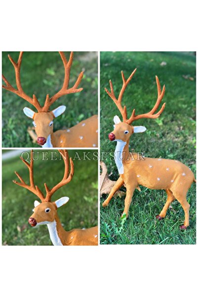 QUEEN AKSESUAR 60 cm Büyük Boy Gerçek Görünümlü Tüylü Geyik Figürü heykel Yılbaşı Dekor Süs