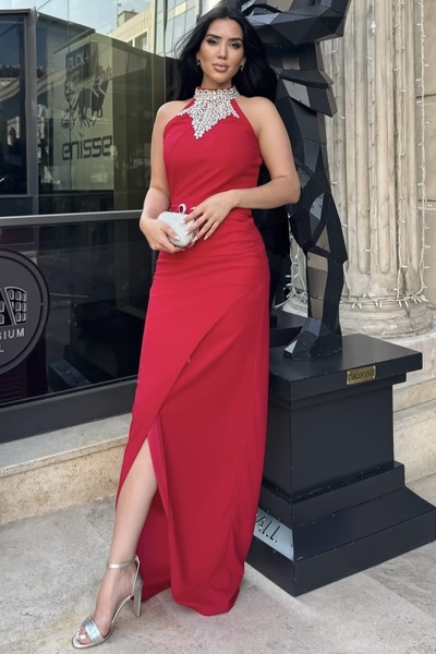 Helen Fashion Krep Tasarım Boynu Taşlı Yırtmaclı Abiye Elbise