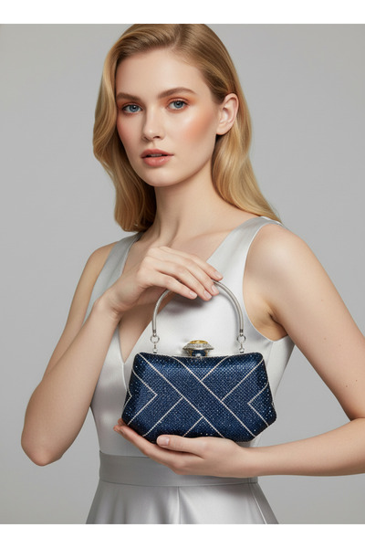 Biçanta Geantă de seară pentru femei, albastru bleumarin, argintiu, cu detali...