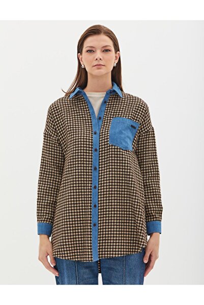 Kayra Kadın Kareli Denim Garnili Tunik Koyu Kahve -Krem