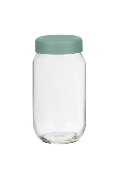 SHOPIENS Transparent Glass Storage Jar with Mint Green Plastic Lid, 1 L - MYONNA