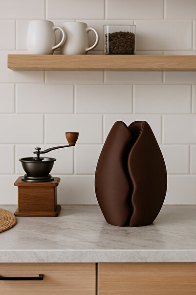 zebu3Design Kahve Köşesi Dekoratif Çekirdeği Vazo | Modern Soyut Tasarım | Mat Kahverengi Ev & Ofis Dekoru