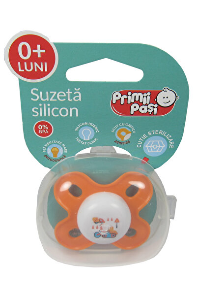 Primii Pasi Διακοσμημένη ορθοδοντική πιπίλα σιλικόνης σε κουτί αποστείρωσης· 0L+