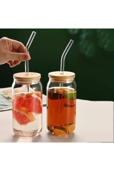 ABAREEK Glass mug with a bamboo lid and a glass straw. Can be used for hot and cold drinks.