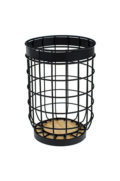SHOPIENS Round Metal Cutlery Holder with Wooden Base, Black, 12x17cm