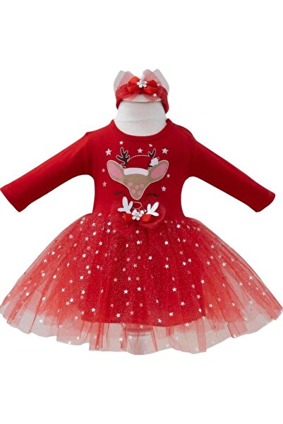 Dumledo Yılbaşı Geyik Figürlü Kırmızı Tütü Yeni Yıl Bandana ve Elbise 2'li Kız Bebek Takım