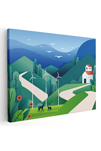 Tablou Canvas Tablou peisaj dealuri cu biserica mori de vant, cod 5469