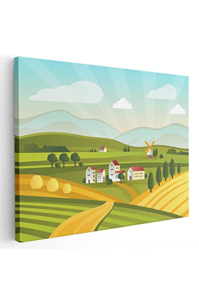 Tablou Canvas Tablou peisaj de campie cu case si moara vant, cod 5452