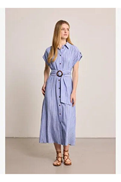 Gusto Çizgili Keten Karışımlı Uzun Elbise - Mavi