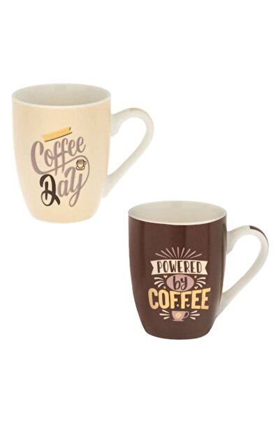 SHOPIENS Set de căni ceramice, design „Cafea”, maro și bej, 360 ml, 2 buc