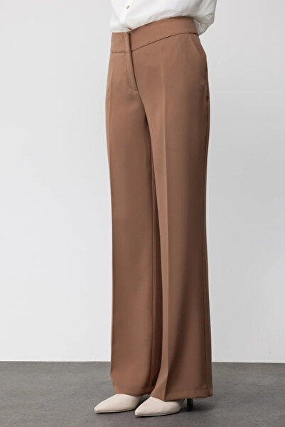 Ekol Kadın Krep Kumaş Bol Paça Pantolon-Camel