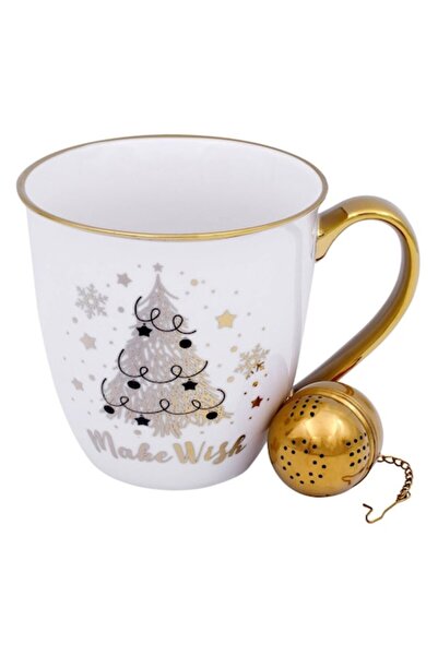 SHOPIENS Cană de Crăciun cu model de os, model brad, alb/auriu, 620 ml, cu fi...