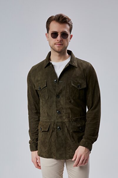 KENDE Men's Safari Buttoned Genuine Leather Khaki Green Suede Jacket