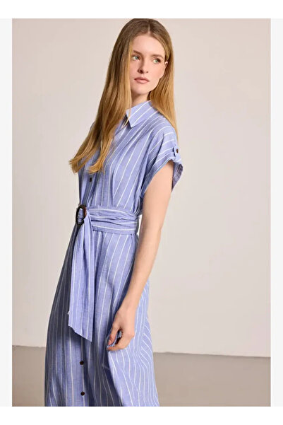 Gusto Çizgili Keten Karışımlı Uzun Elbise - Mavi