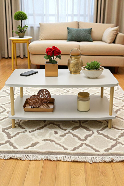 HESA Ahşap Ayaklı Beyaz Desenli Orta Sehpa – 80x50x43 cm Modern Tasarım